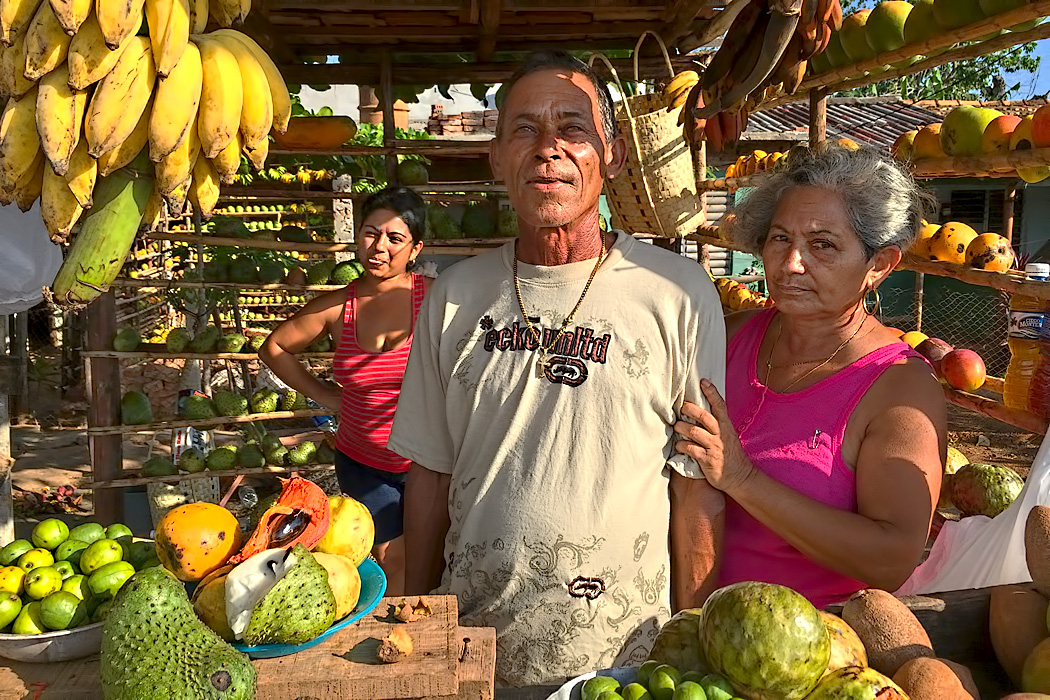 Tropical fruit stand near Trinidad, Cuba lets customers sample the fruits before buying