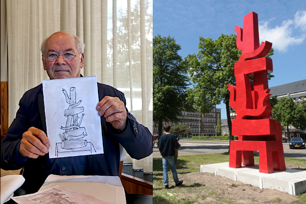 Klaas Gubbels holds up his artists sketch forhis sculpture, titled Kaskade