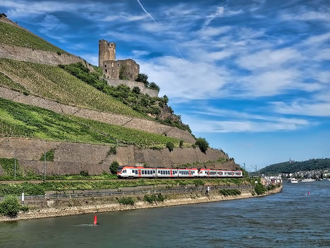 The area of Germany known as MittelRhein is littered with old castles like this one, Ehrenfels Castle, located between Rudesheim and Assmannshausen on the Rhine River