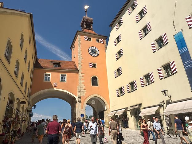 Tall tower built by rich patrician merchant in the Middle Ages now serves as the entrance to Regensburg, Germany
