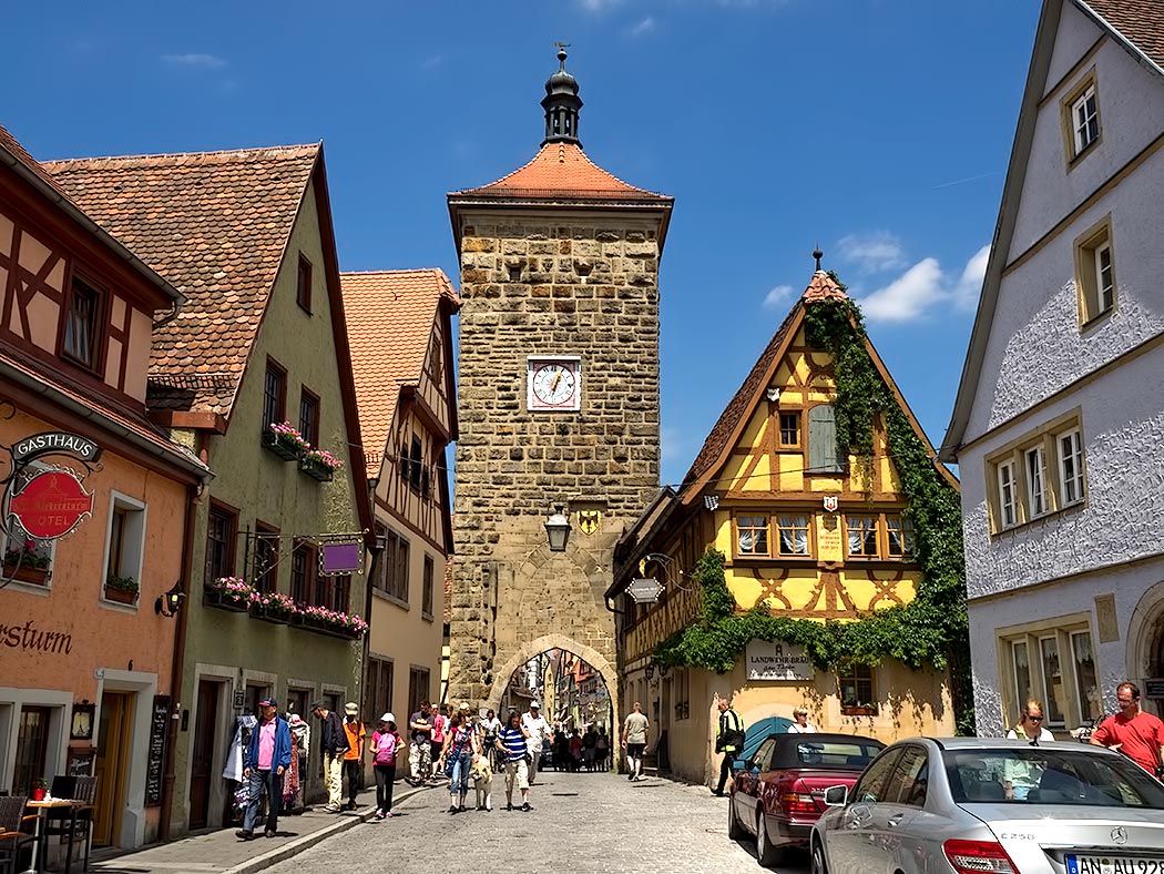 Siebers Tower is one of many entrances to the medieval city walls in pretty Rothenburg ob der Tauber, Germany