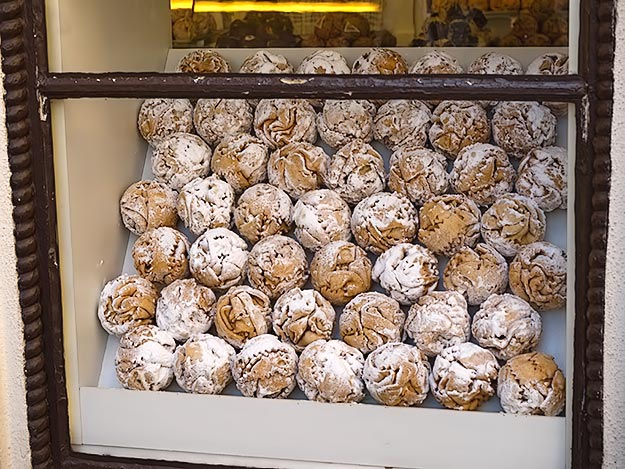 Snowballs - made of left over pie crust - in the town of Rothenberg ob der Tauber, Germany
