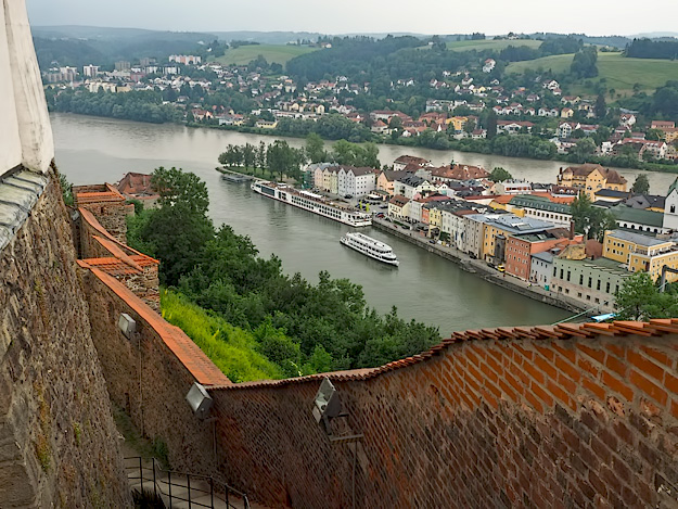 Passau perches precariously on a peninsula between the Inn and Danube Rivers, making it prone to severe flooding. Note the more muddy waters of the Inn River, at tip, which carries silt from melting glaciers.