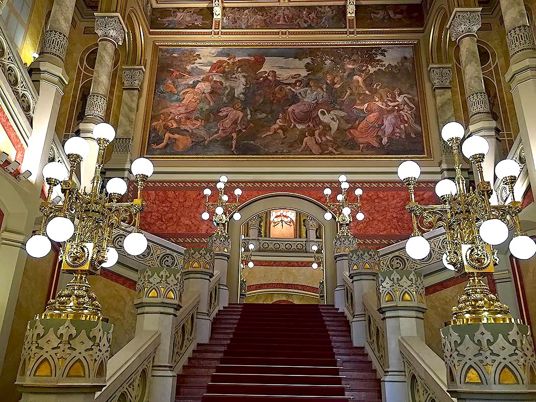 Interior of the newly restored, gorgeous Vigado Palace in Budapest, Hungary