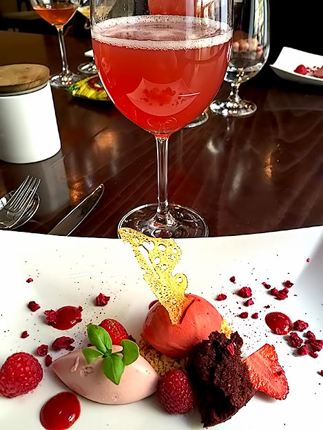 Strawberry dessert, accompanied by strawberry syrup drink, at Borkonyha Restaurant
