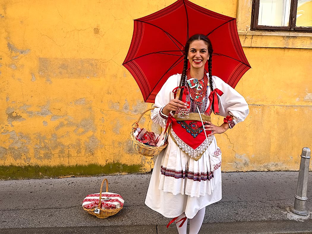 Woman wears the costume of a traditional washer woman in Zagreb, Croatia