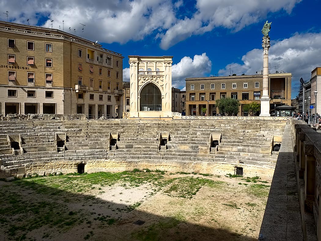 Ruins of a Roman Amphitheatre in Oronzo Piazza in Lecce, Italy, visited during my week-long cooking vacation in Puglia, Italy with Flavours Holidays