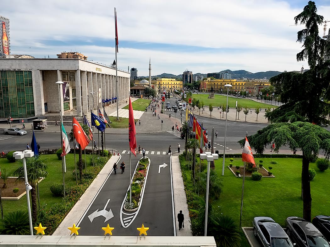 Skanderberg Square, seen from the balcony of Tirana International Hotel in Tirana, Albania