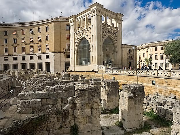 Ruins of the Roman amphitheater in the center of Saint Oronzo Piazza in Lecce, Italy