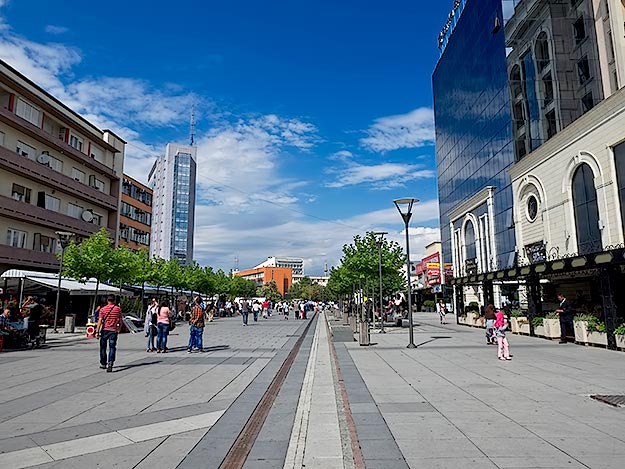 View down the pedestrianized Mother Teresa Boulevard, with it's many sidewalk cafes