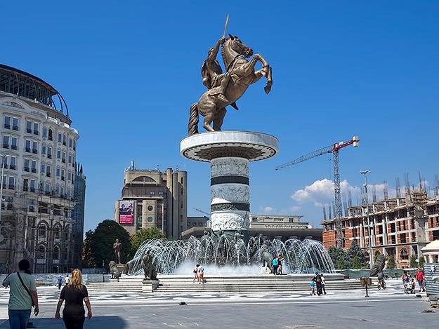 "Warrior on a Horse" statue in Macedonia Square in Skopje