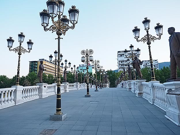 The Art Bridge in Skopje, Macedonia, built under the auspices of Skopje 2014, is meant to resemble the Charles Bridge in Prague