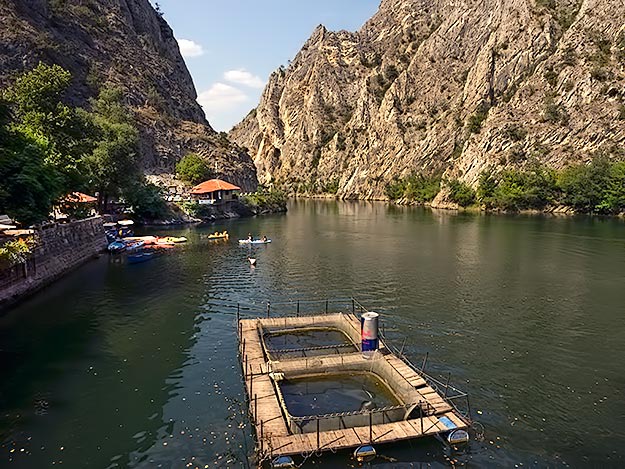 Canyon Matka Hotel and Restaurant occupies a shelf carved into the sheer rock walls of the canyon. Day trippers and guests of the hotel can enjoy swimming, kayaking, and even diving in the canyon.