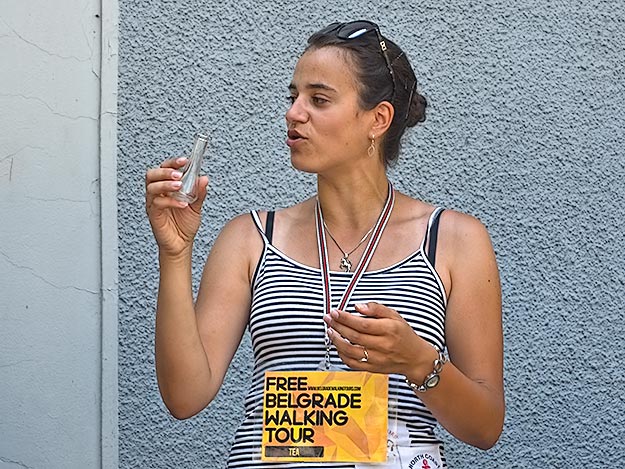 Guide on the free walking tour of Belgrade shows us a cokanjcic, a traditional Serbian shot glass used to throw back shots of Rakija