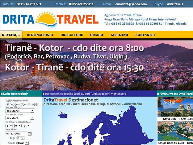 Screenshot of the Drita Travel website, only available in Albanian