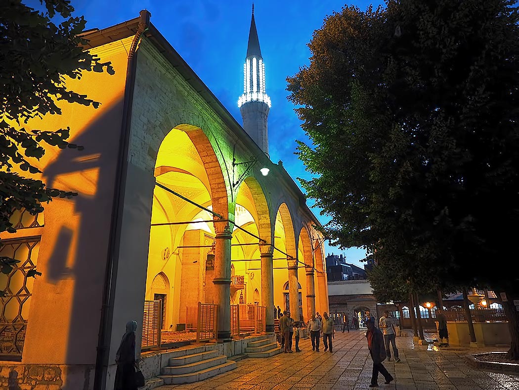 The spectacular Gazi Husrev Beg Mosque in the old town of Sarajevo, Bosnia-Herzegovina, is most spectacular at night.