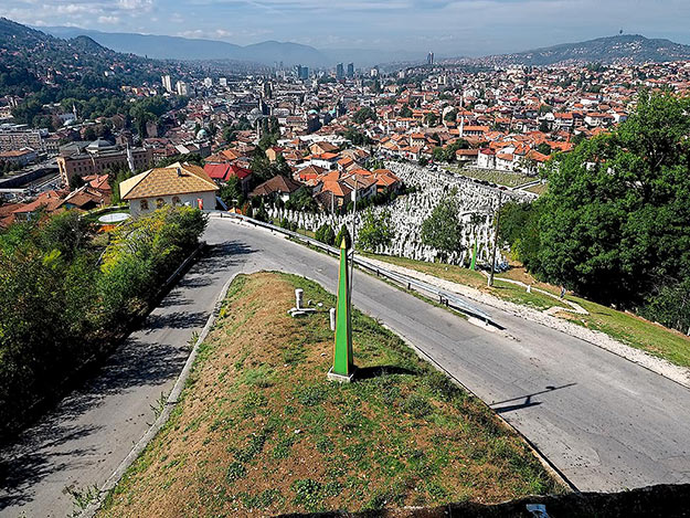 View over Sarajevo from the Yellow Fortress shows one of the many parks that were turned into cemeteries during the Bosnian War