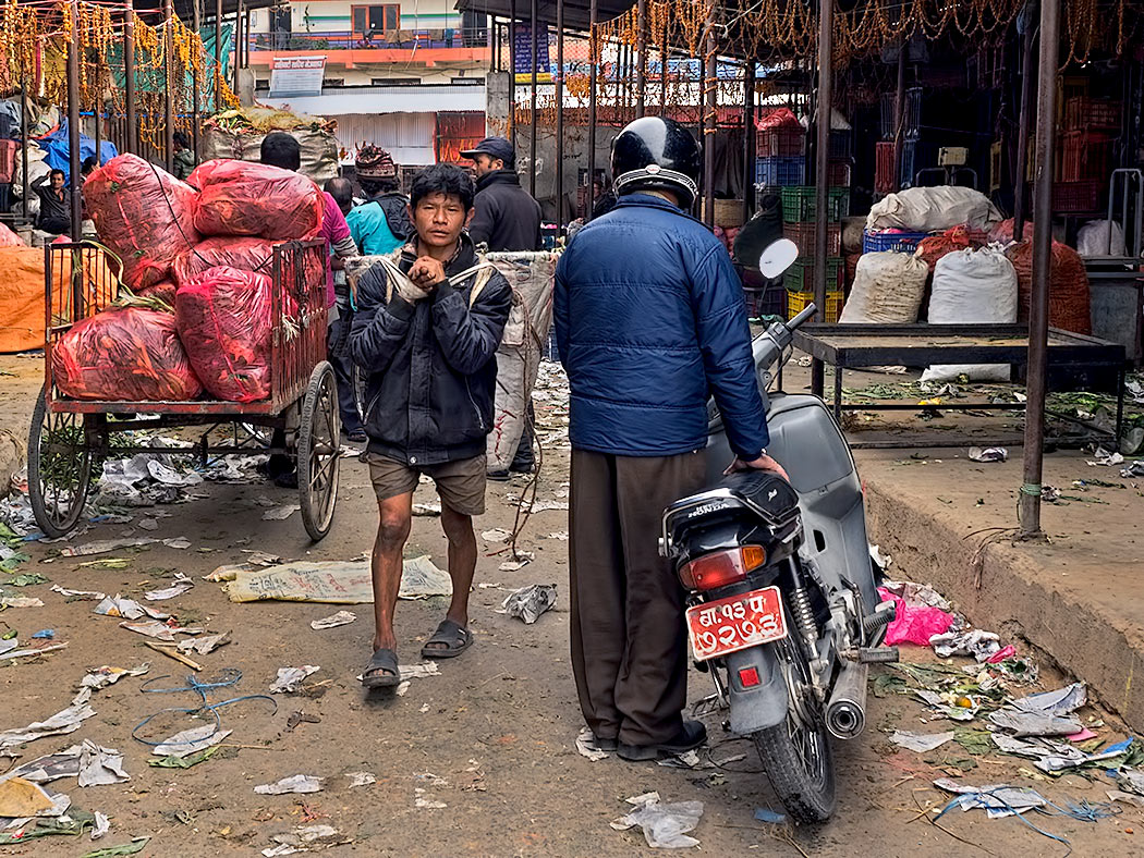 Movings goods through the Kalimati Fruit and Vegetable Market in Kathmandu, Nepal