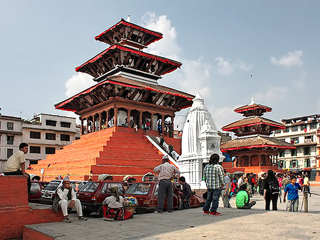 Maju Dega temple (left) and Narayan Vishnu temple (right) in Kathmandu's Durbar Square, before the earthquake. Both were totally destroyed.