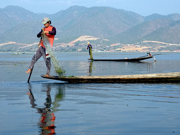 Traditional fishermen on Inle Lake balance on one leg at the front of their boats, rowing with a paddle attached to the other leg. The elevated position allows them to navigate through dense vegetaion that grows in the shallow lake waters.