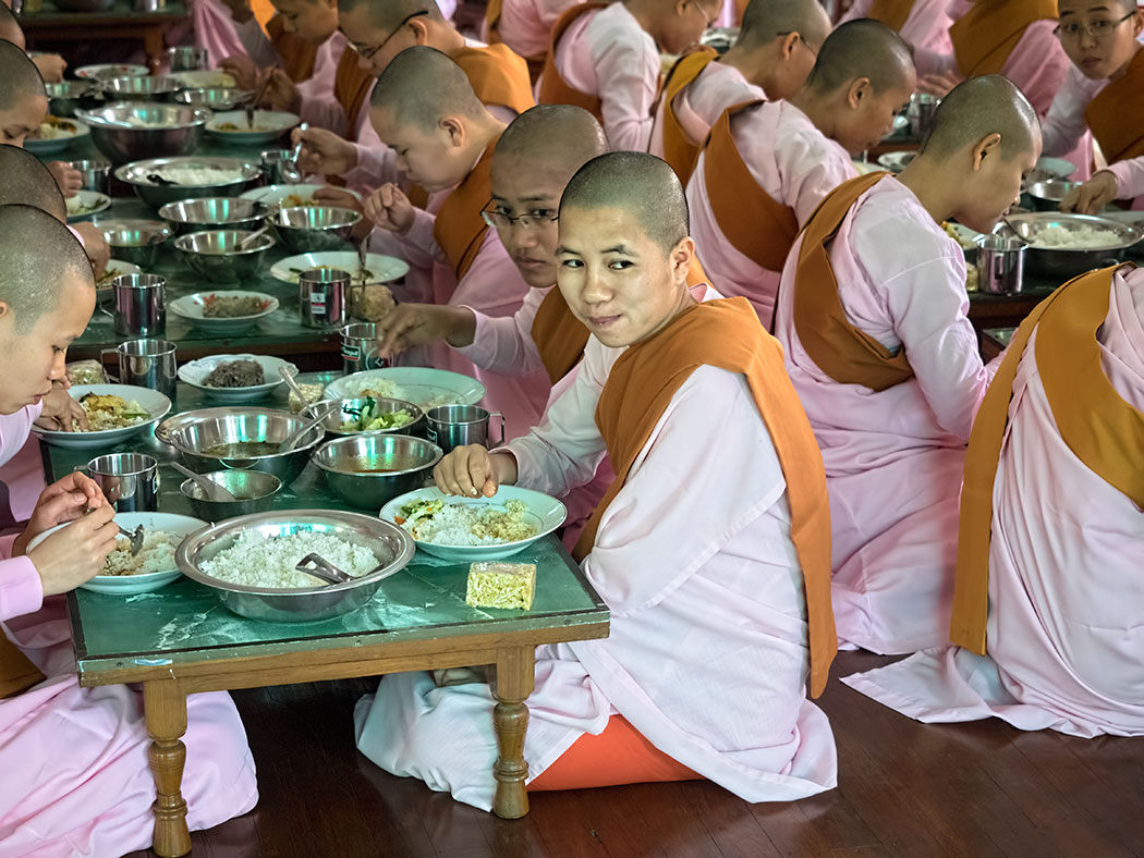 Morning meal at Sagaing Nunnery near Mandalay, Myanmar