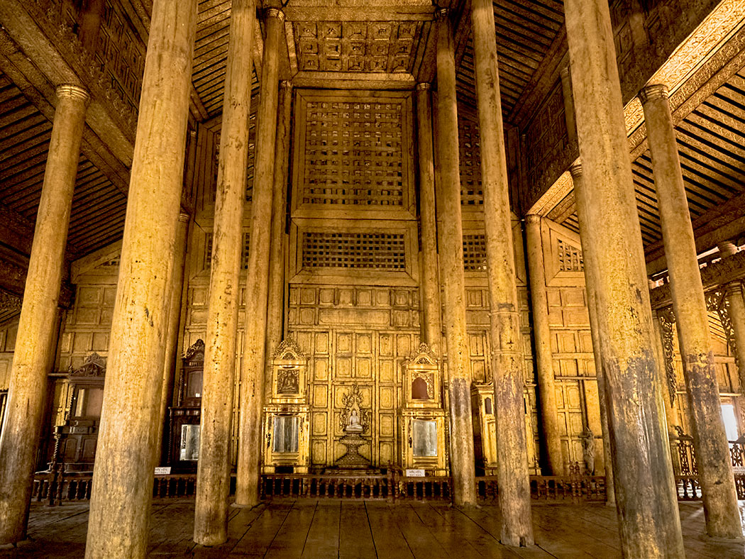 Interior of Shwenandaw Monastery Palace in Mandalay, Myanmar is covered in real gold foil