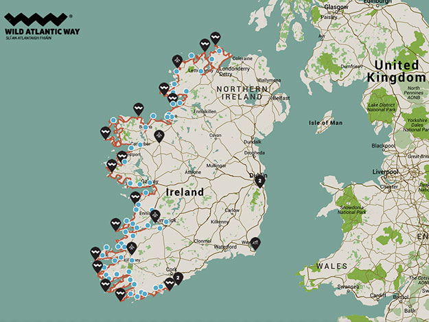 Map of the Wild Atlantic Way, courtesy of the official website for the region (see paragraph below)