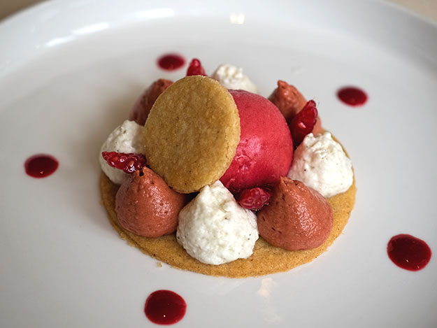 Dessert at Restaurant Prévôt: Ginger biscuits, topped with red pepper and raspberry mousse, vanilla mousse, and raspberry and violet ice cream