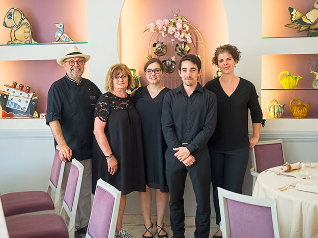 Owners and staff of Restaurant Prévôt in Cavaillon, France, left to right: Jean-Jacques Prévôt, his wife Sylviane, their daughter Sandra-Rose, and servers Jordan and Emmanuelle