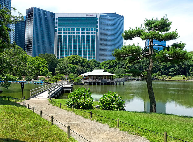 Skyscrapers may be visible on the horizon at Hama-rikyu Gardens in Tokyo, but inside the park the only sounds are birds chirping
