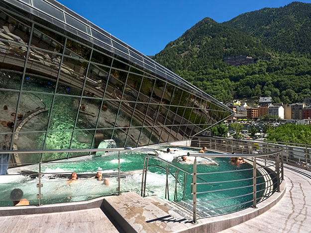 Gorgeous mountain views from the outside deck of INÚU at Caldea Spa in Andorra