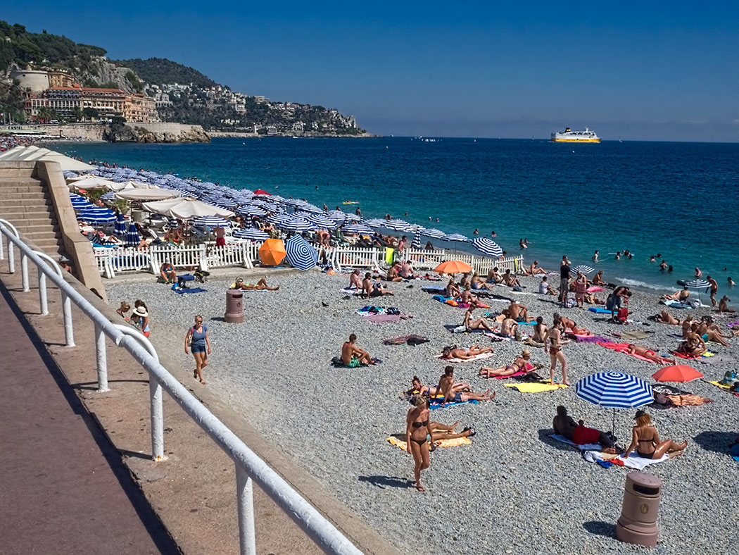 Public Beau Rivage Beach in Nice, France, looking toward private Opera Beach