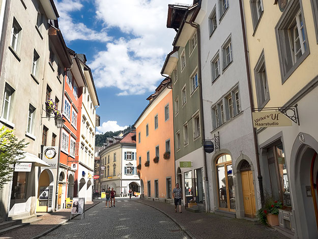 View down Kreuzgasse in the historic center of Feldkirch, Austria