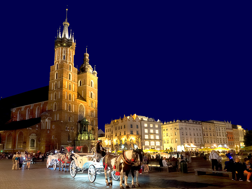 Saint Mary's Basilica and Main Square in Krakow, Poland