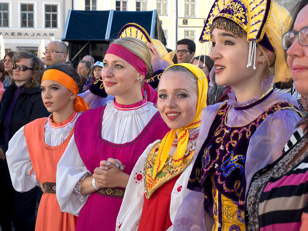 Traditional Russian Dancers wait to perform at the FEELRUSSIA Festival of Russian Culture in Tallinn, Estonia