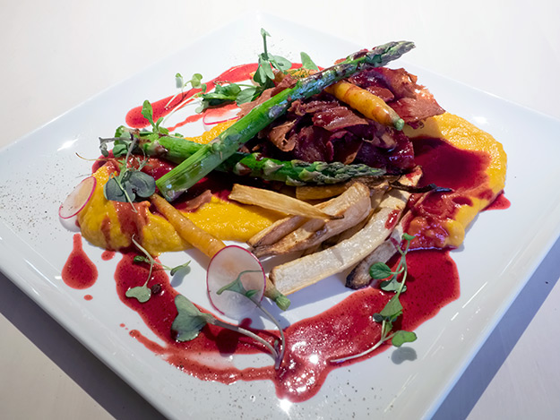 Beet seitan with sweet potato and celeriac puree vegetables and red wine beetroot sauce at Vegan Restoran V in Tallinn, Estonia