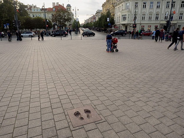 In Vilnius, Lithuania, the Baltic Way footsteps tile is located in Cathedral Square, where the human chain began