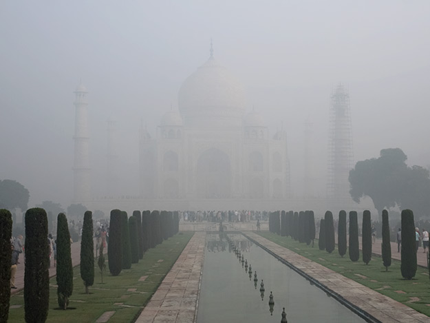 The Taj Mahal, cloaked in smoke and haze
