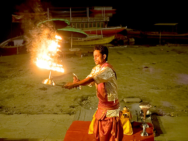 Aarti Fire Purifying Ceremony at Assi Ghat in Varanasi, India