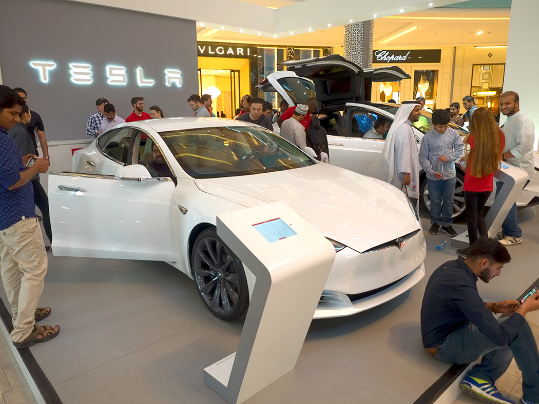 New Tesla cars displayed at Dubai Mall in Dubai, UAE