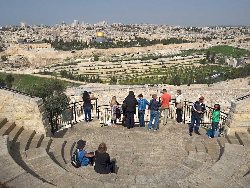 Old City of Jerusalem from viewpoint at the Mount of Olives, with golden dome of Temple Mount at center