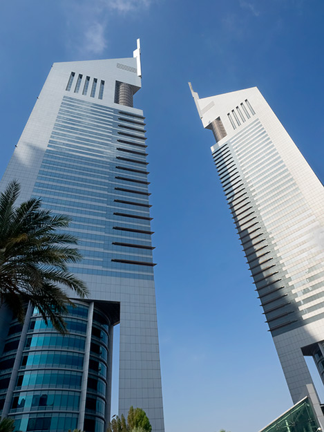 The Emirates Office Tower and Jumeirah Emirates Towers Hotel form the Emirates Towers complex in Dubai, UAE