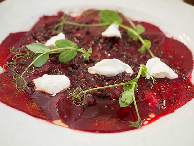 Kadosh Cafe, beet Carpaccio with Mascarpone cheese, chives, and pecans