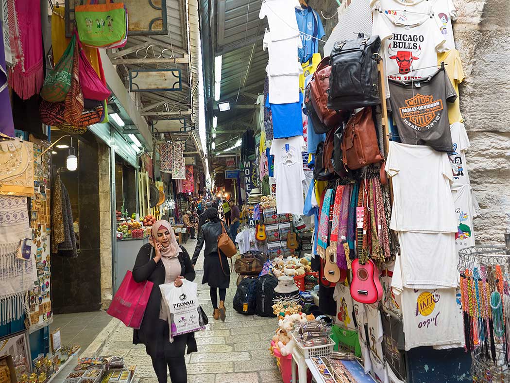 Souk in the Arab Quarter of the Old City of Jerusalem offers goods mostly aimed at tourists
