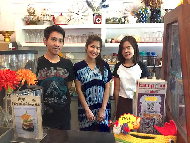 Staff of Cozy Coffee, left to right, owners Champ and May, and Kratay