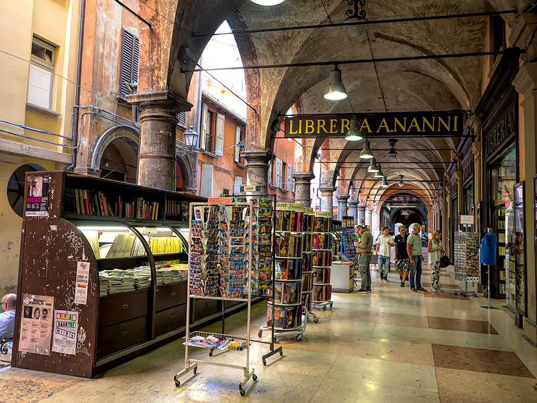 Libreria Nanni open air bookstore under the porticoes of Bologna, Italy
