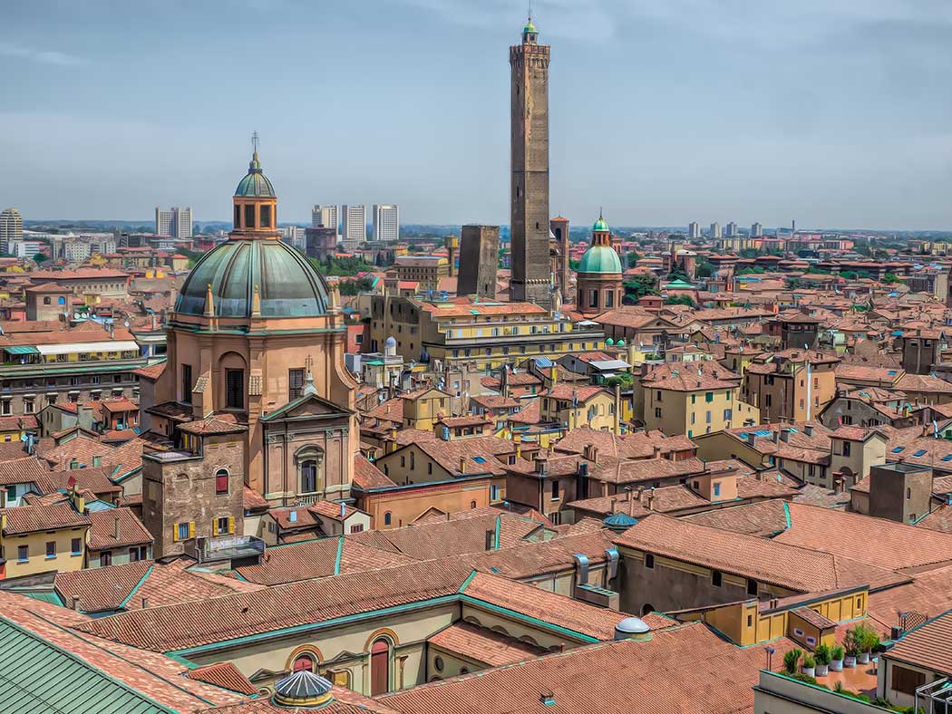 Skyline of Bologna, Italy, from rooftop terrace of the Basilica di San Petronio