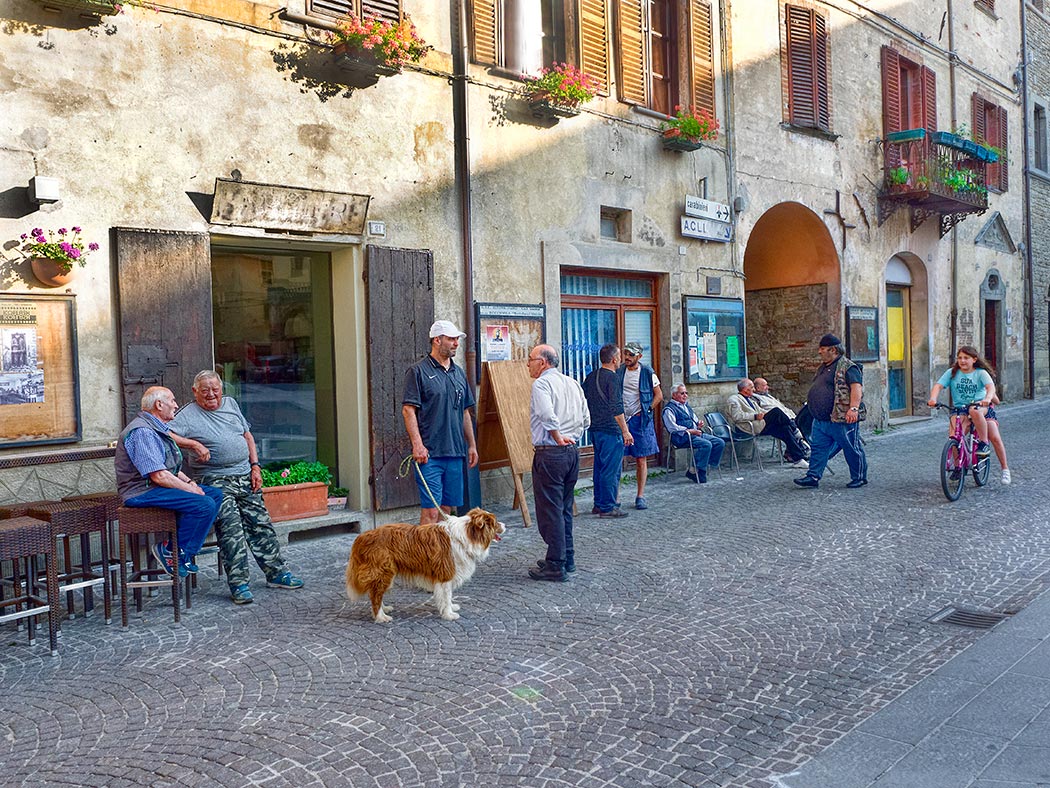 Residents gather every evening in the main piazza of Mercatello sul Metauro, Italy