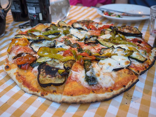 My favorite on pizza night - a pie topped with grilled, roasted vegetables