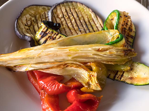 Roasted, grilled vegetables are plucked fresh from the farm's organic garden